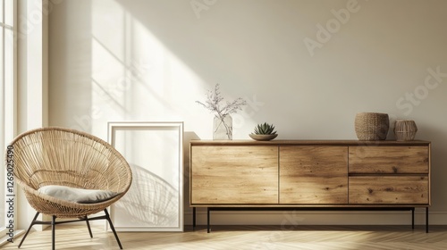 Sunny living room, rattan chair, wooden sideboard, minimalist decor, home interior design photo