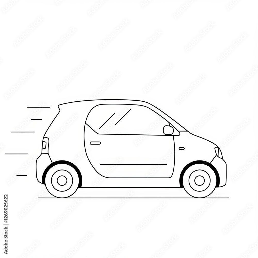 Fototapeta premium Minimalist black and white line drawing of a compact car with motion lines