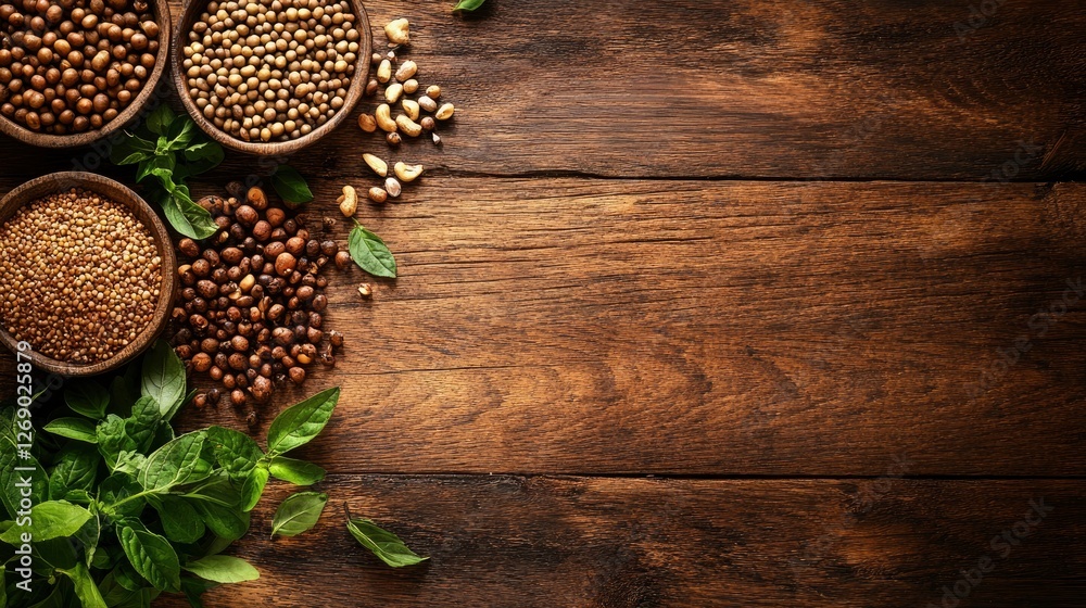 Assorted Grains and Seeds on Rustic Wooden Background Assorted Grains and Seeds on Rustic Wooden Background