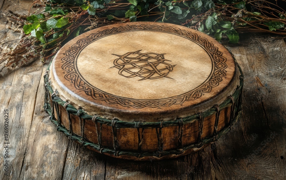 Fototapeta premium Traditional Irish drum with a Celtic pattern lying on a rustic background