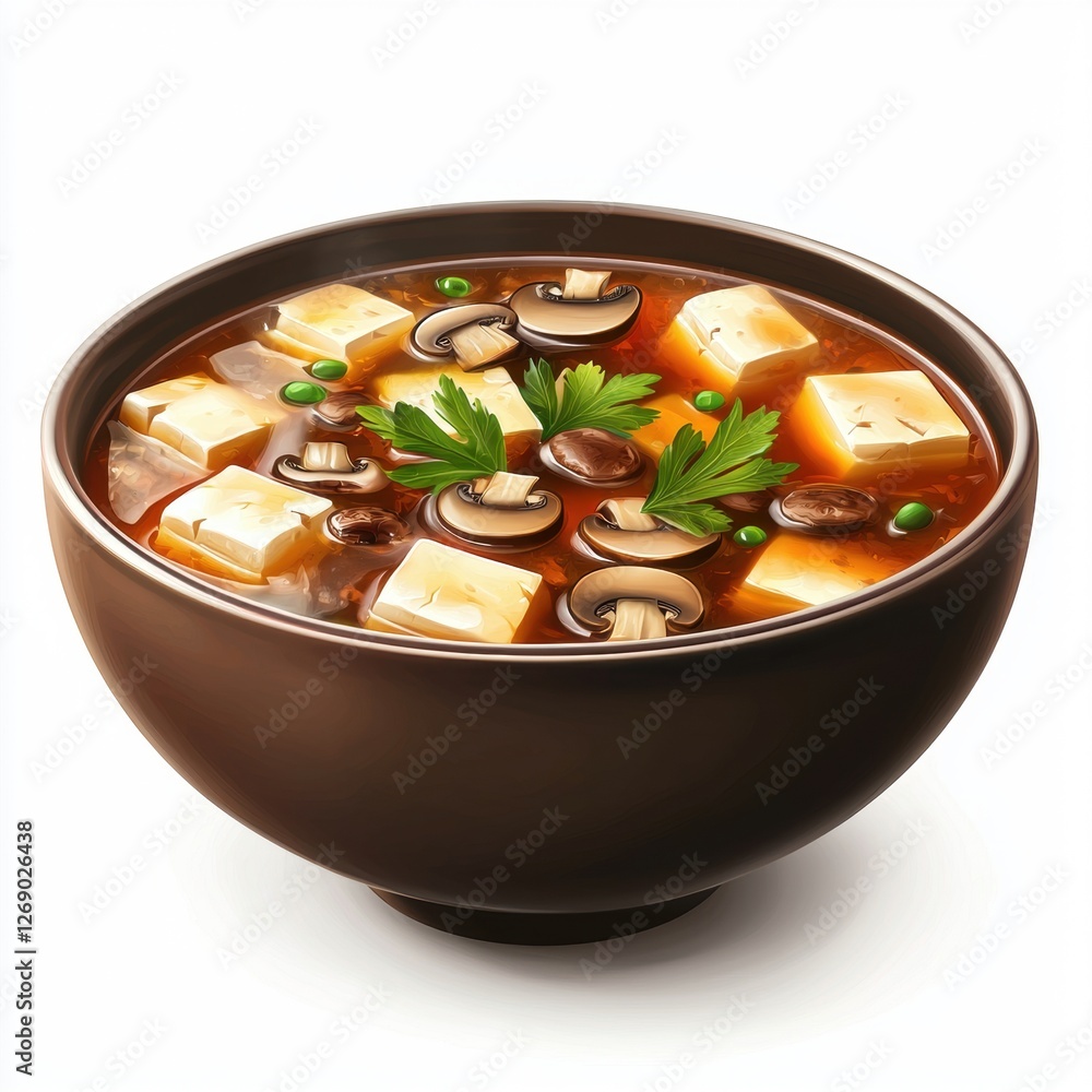 5. Realistic 3D icon cartoon of Floating bowl of hot and sour soup with mushrooms and tofu isolated on white 5. Realistic 3D icon cartoon of Floating bowl of hot and sour soup with mushrooms and tofu isolated on white