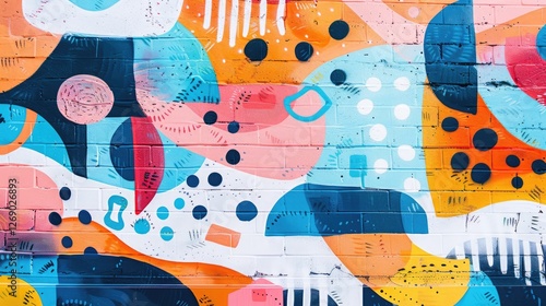 Vibrant abstract mural with colorful shapes and patterns on a brick wall, enhancing urban street art aesthetics