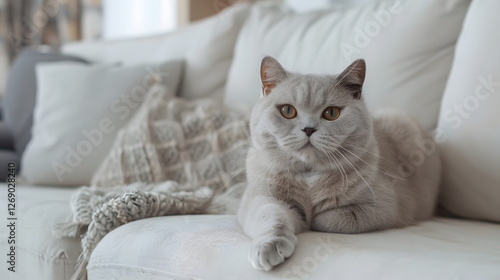 Wallpaper Mural British Shorthair Cat Sitting on a White Sofa. Torontodigital.ca