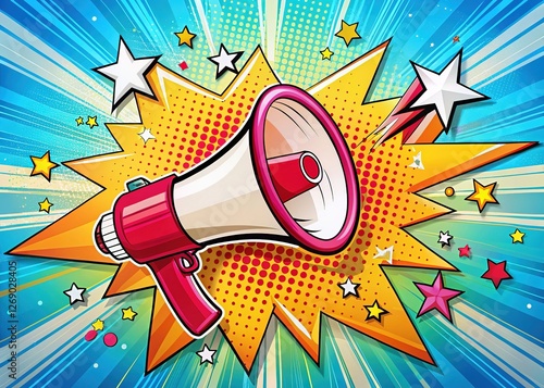 Colorful Megaphone Cartoon with Exclamations, Stars, and Dynamic Lines photo