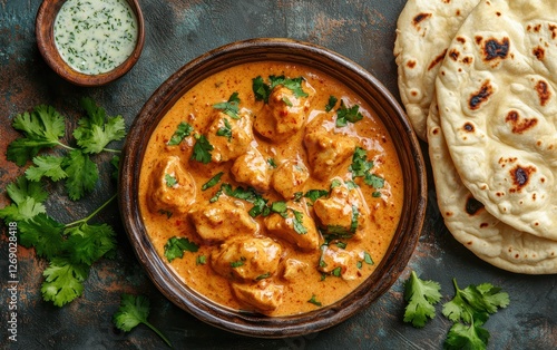 Indian butter chicken with naan on a pastel background