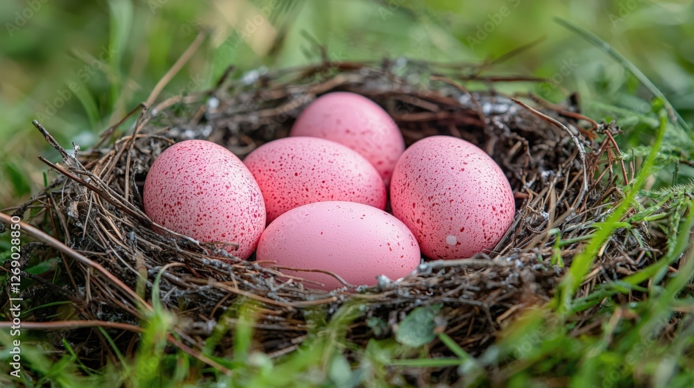 Colorful Pink Easter Eggs Nestled in Natural Grass Setting
