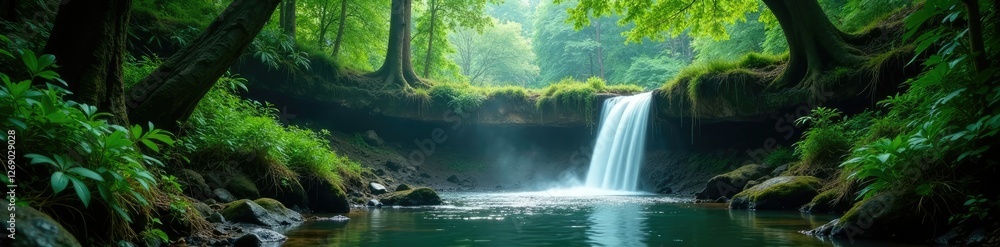 Fototapeta premium dense undergrowth near a freshwater waterfall in a subtropical forest, understory vegetation, wetlands, dense foliage
