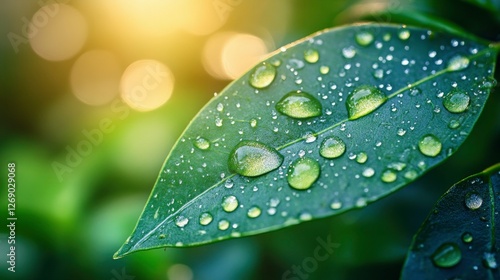 Dew Drops on a Lush Green Leaf at Sunrise