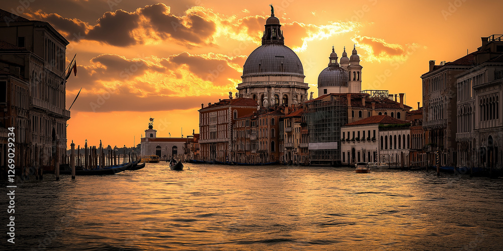 Fototapeta premium Venice Grand Canal with Basilica and Warm Sunset Sky
