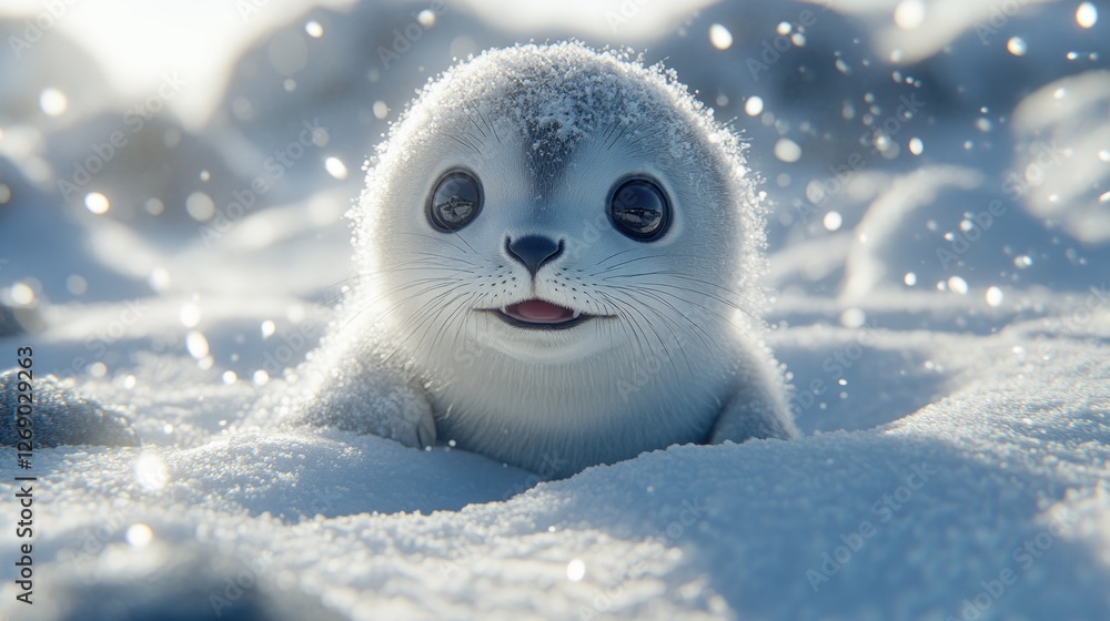 Obraz premium Adorable baby seal pup in snowy landscape.