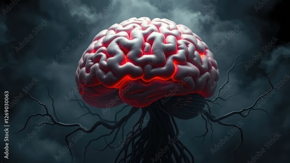 Obraz premium Dark fog surrounds a brain with twisted roots, psychological weight, neurons