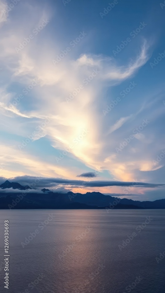 Clouds swirl above Mono Lake's calm surface at dusk, atmosphere, cloudy weather, lenticular clouds Clouds swirl above Mono Lake's calm surface at dusk, atmosphere, cloudy weather, lenticular clouds