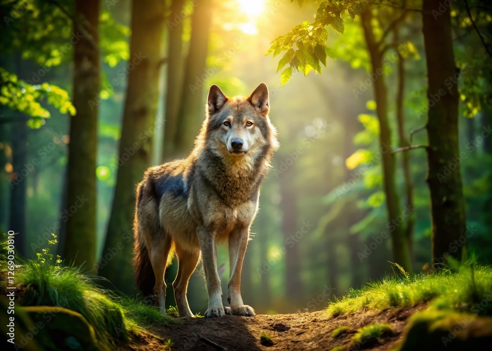 Fototapeta premium Majestic Lone Wolf in Mystical Forest - Dramatic Landscape Photography
