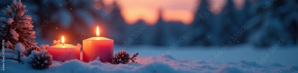 Burning candles cast a warm glow on a snowy landscape at dusk, calm, warmth Burning candles cast a warm glow on a snowy landscape at dusk, calm, warmth