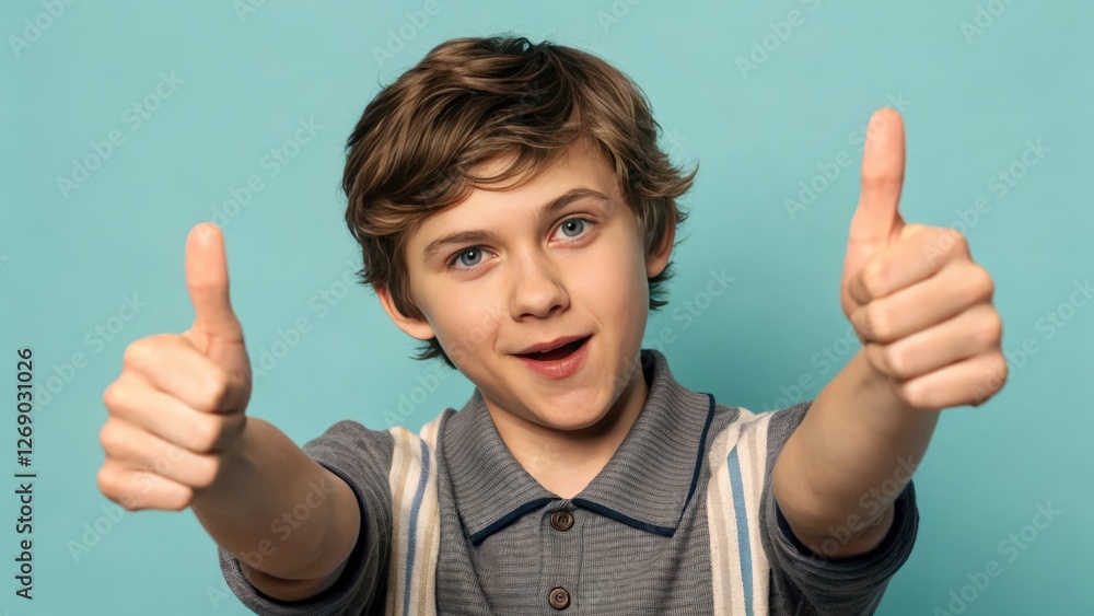 Happy boy giving thumbs up. Studio shot against a light blue background. Happy boy giving thumbs up. Studio shot against a light blue background.