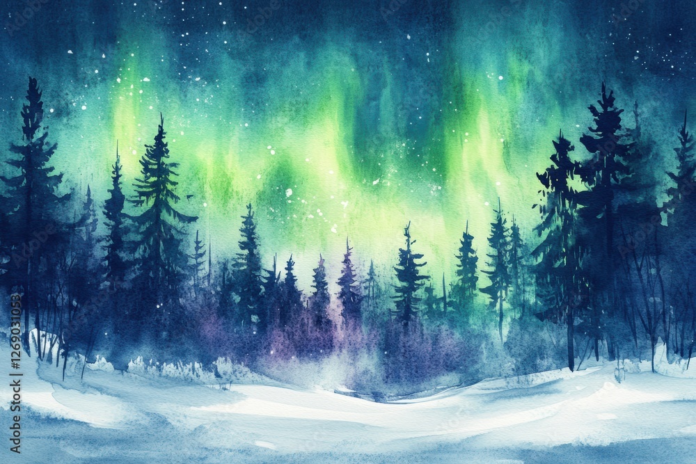 Aurora borealis dances over snowy landscape with evergreen trees under a starry sky at night. Generative AI Aurora borealis dances over snowy landscape with evergreen trees under a starry sky at night. Generative AI