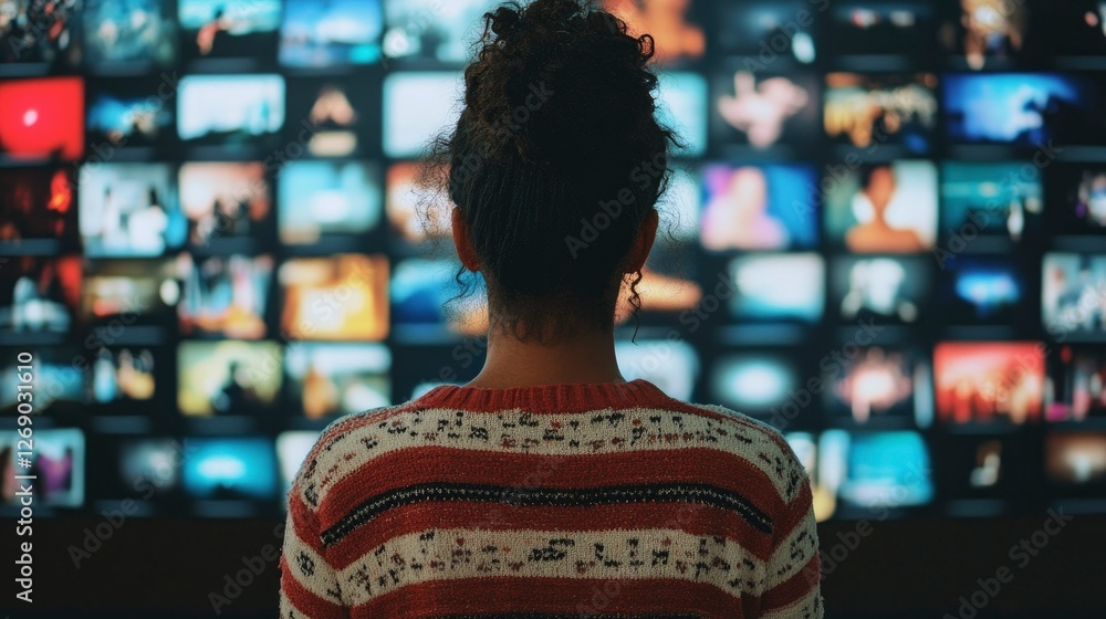 Woman Viewing Diverse Content on a Large Screen Woman Viewing Diverse Content on a Large Screen