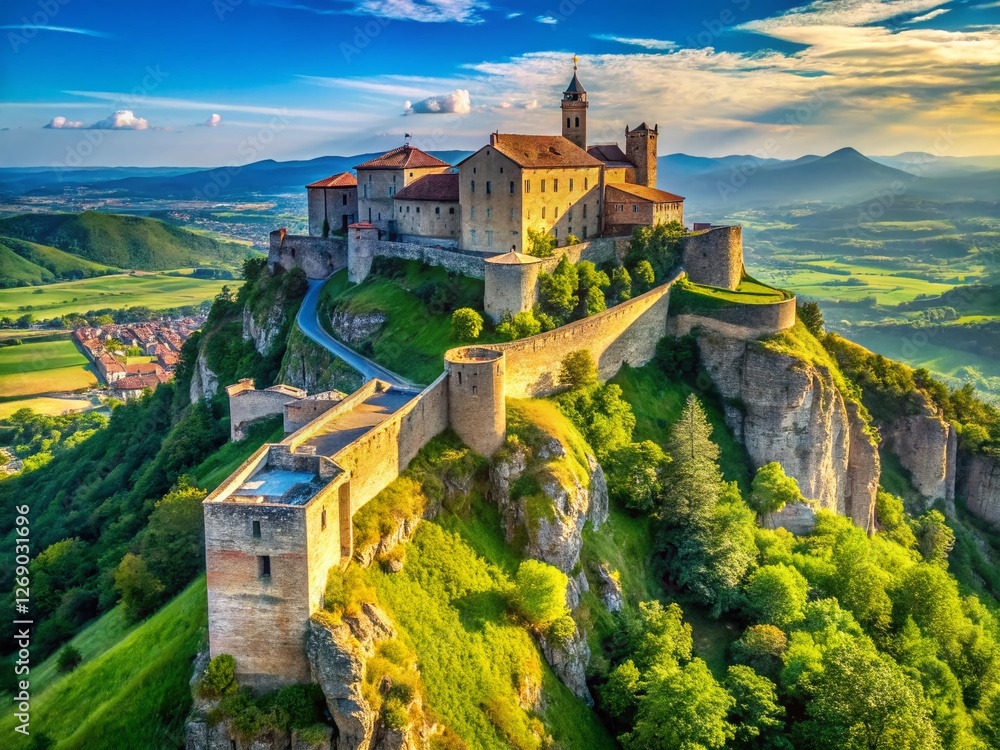 Naklejka premium Majestic Medieval Fortress on Hilltop, Panoramic Bulgarian Landscape, Ancient Ruins, Historical Site, Veliko Tarnovo