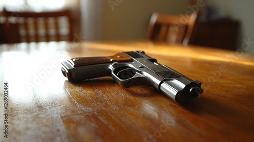 Handgun on Wooden Table - Gun Safety and Responsibility Concept