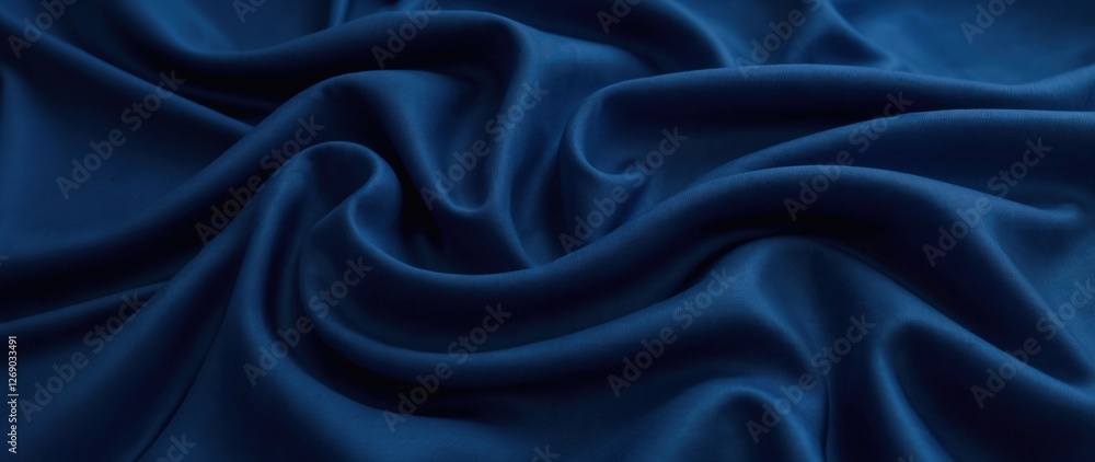 Luxurious dark blue silk fabric with smooth flowing folds, soft waves, glossy highlights, and deep shadows, elegant shiny texture, rich satin material, abstract textile background. Luxurious dark blue silk fabric with smooth flowing folds, soft waves, glossy highlights, and deep shadows, elegant shiny texture, rich satin material, abstract textile background.