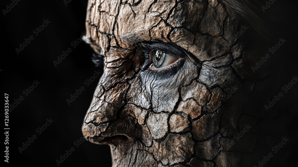 A close-up portrait of a human face partially obscured, with cracked, parched skin texture A close-up portrait of a human face partially obscured, with cracked, parched skin texture