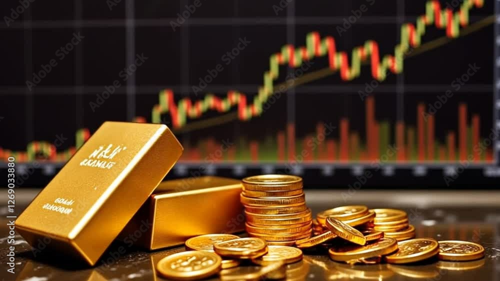 gold coins with economic chart graph, golden coin with graph, idea for investment.