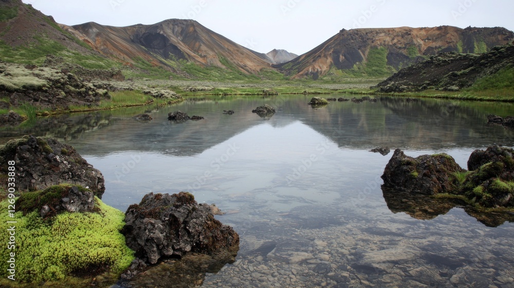 Fototapeta premium Serene volcanic lake reflecting mountains, Iceland