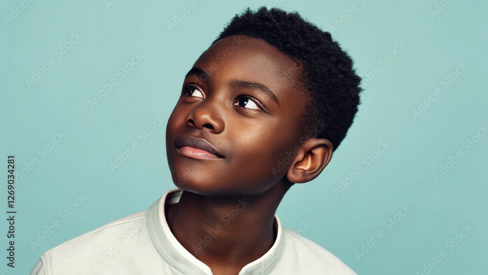 Obraz premium a young boy with a thoughtful expression gazes upwards. He is wearing a white shirt with a blue background. The photograph captures a moment of contemplation and introspection.