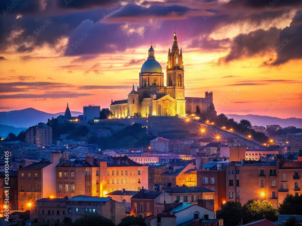 Fototapeta premium Majestic Notre Dame de la Garde Basilica, Marseilles, France - Panoramic View with Bokeh