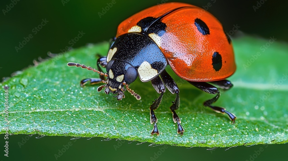 Fototapeta premium Close-Up of Vibrant Ladybug on Green Leaf with Natural Background