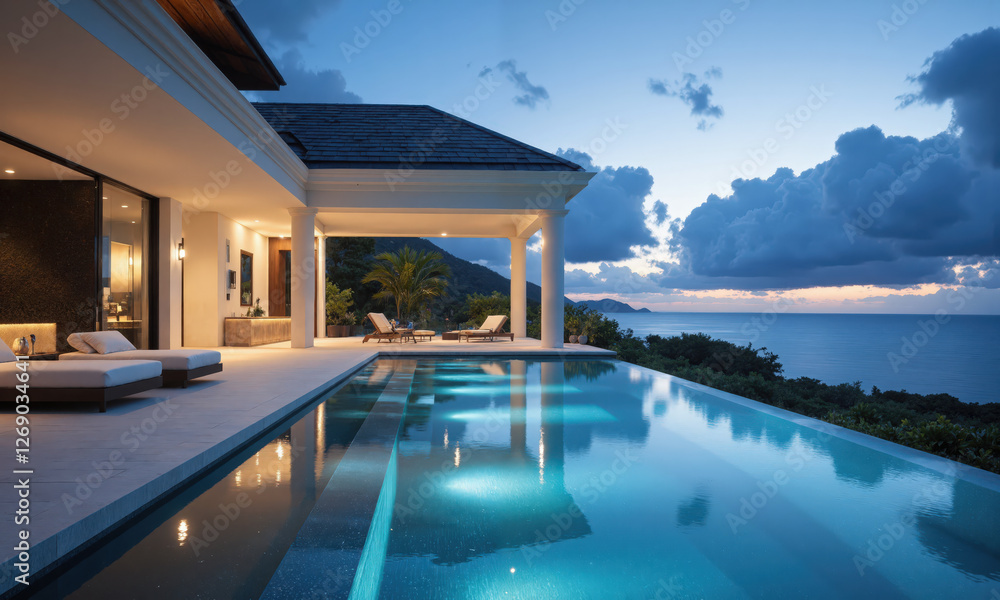 Fototapeta premium Luxury Beachfront Villa with Infinity Pool A stunning luxury beachfront villa with an infinity pool extending towards the horizon, ocean views, lush gardens,
