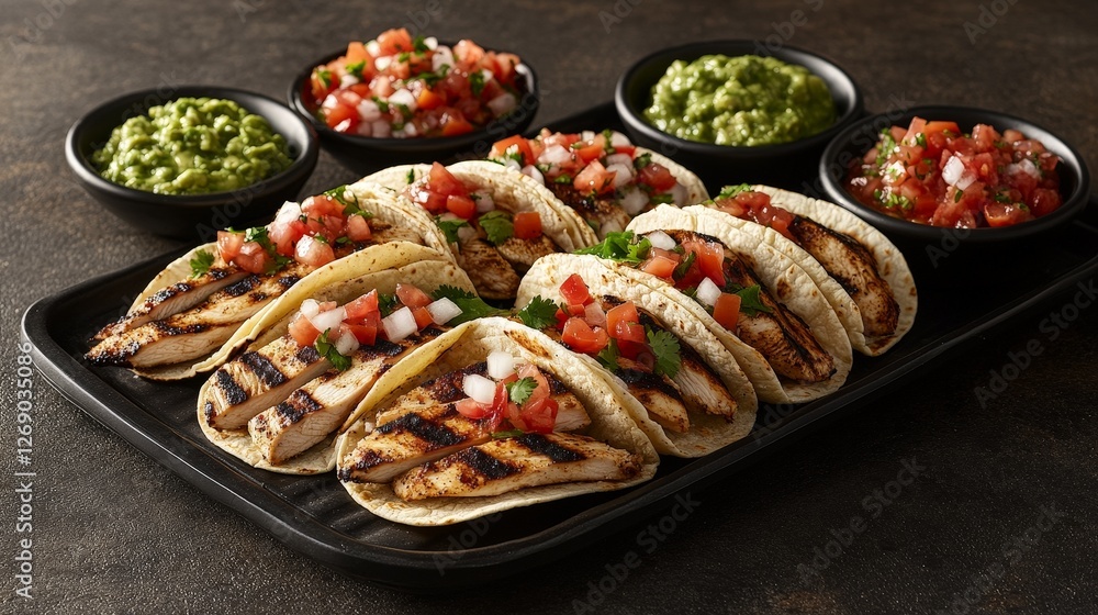 A platter of grilled chicken tacos with toppings and sides of guacamole and salsa. A platter of grilled chicken tacos with toppings and sides of guacamole and salsa.