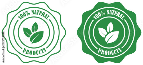 100 percent natural product label for product packaging. 100 percent organic ingredients certified label. Fully natural eco product certification seal. Eco certified. Vector illustration