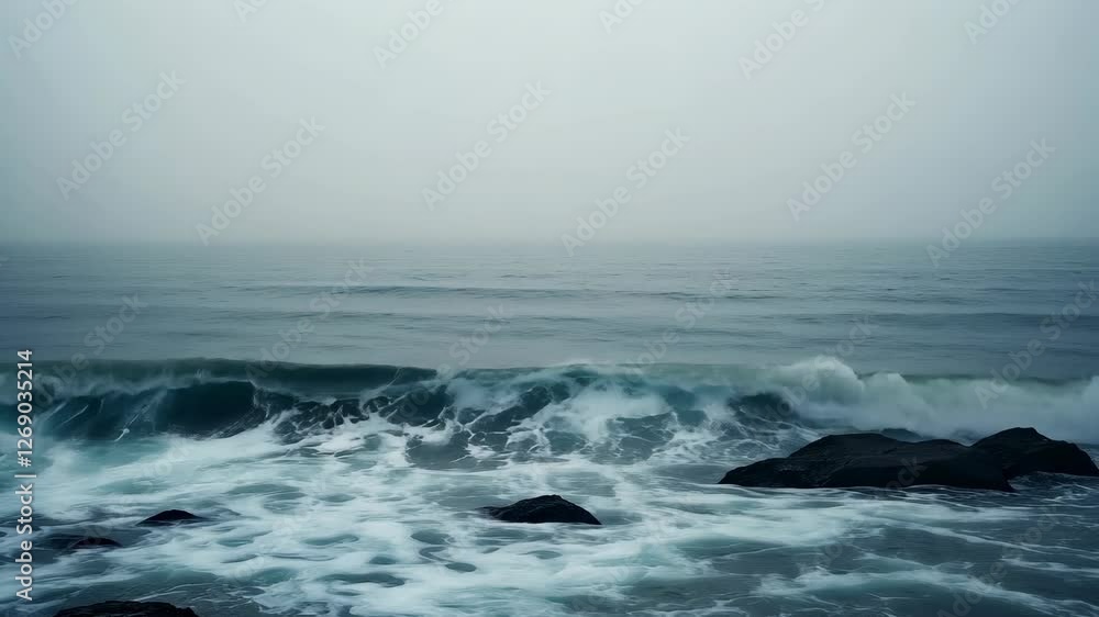 Misty ocean waves crashing on rocks Misty ocean waves crashing on rocks
