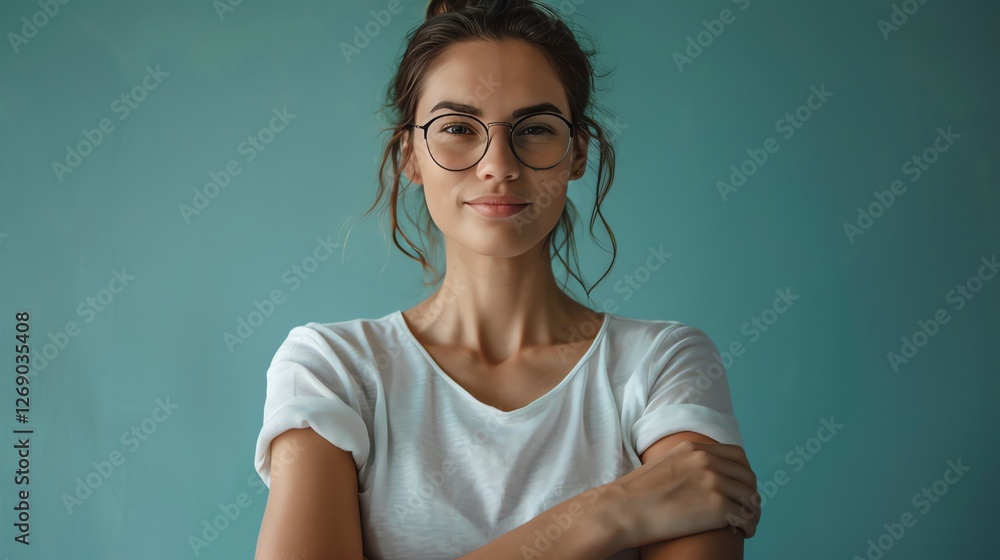 Obraz premium Beautiful young woman with eyeglasses standing against a blue background. She is wearing a white shirt and has her hair in a bun.