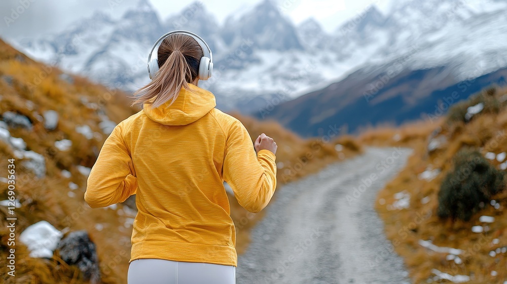 Naklejka premium A runner in a yellow hoodie jogs along a scenic mountain trail surrounded by snowy peaks and autumn foliage.