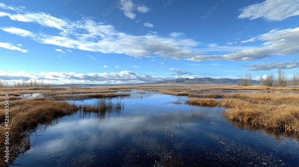 Fototapeta premium Tranquil marsh reflections, sunny sky, distant mountains