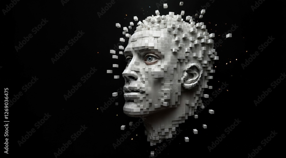 Digital voxel portrait of a man, fragmented cube-based composition, pixel breakdown effect, grayscale tones, modern abstract art, futuristic and serene expression, dissolving geometric form. Digital voxel portrait of a man, fragmented cube-based composition, pixel breakdown effect, grayscale tones, modern abstract art, futuristic and serene expression, dissolving geometric form.