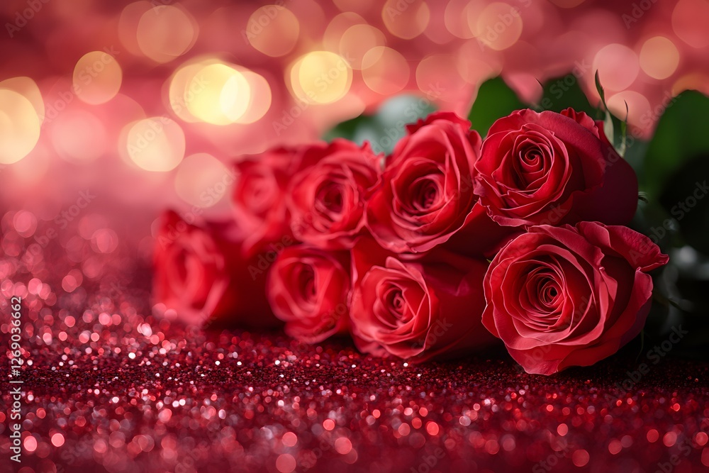 Romantic Bouquet of Red Roses on Glittering Background for Valentine's Day Romantic Bouquet of Red Roses on Glittering Background for Valentine's Day