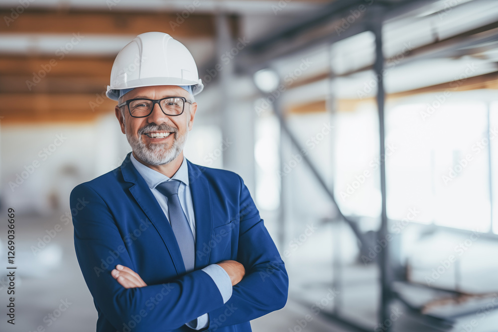 Portrait of a confident architect smiling with crossed arms, wearing a suit and a hardhat in a building under construction Portrait of a confident architect smiling with crossed arms, wearing a suit and a hardhat in a building under construction