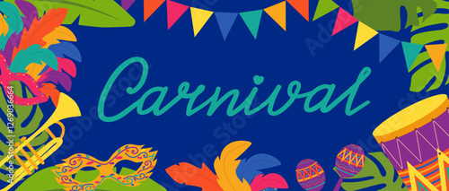 Carnival. Festival Party Invitation. Colorful Banner with Maracas, Drums, Lettering and Mask. Cartoon Flat Vector Illustration