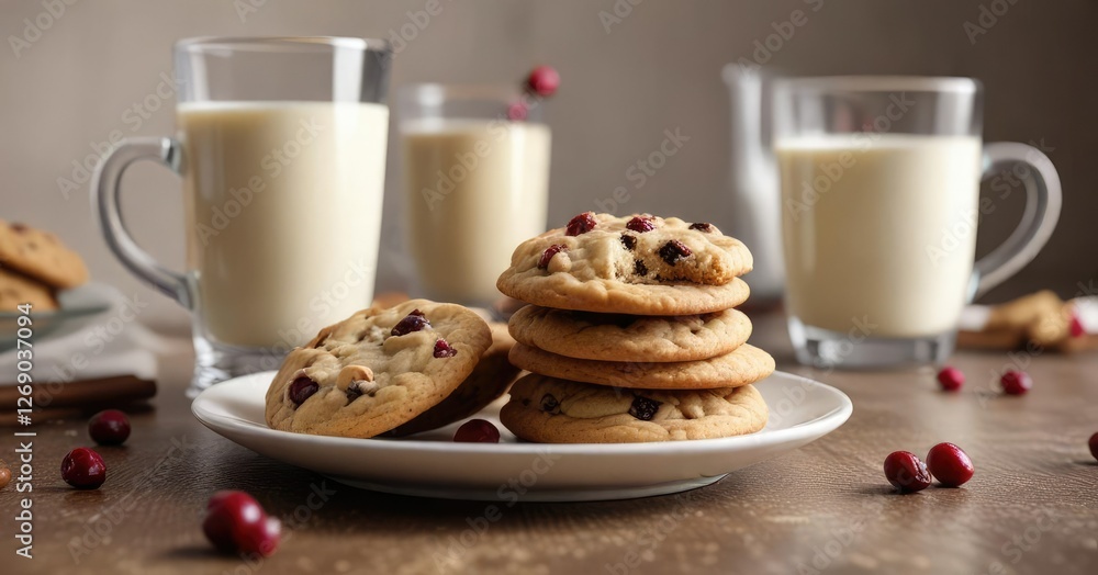 Freshly baked white chocolate and cranberry cookies next to steaming cup of coffee and cold glass of milk, relaxation, food styling, sugar Freshly baked white chocolate and cranberry cookies next to steaming cup of coffee and cold glass of milk, relaxation, food styling, sugar