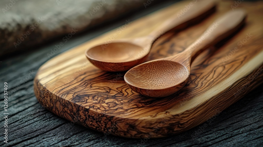 Handcrafted Wooden Spoons on Rustic Cutting Board Background Handcrafted Wooden Spoons on Rustic Cutting Board Background
