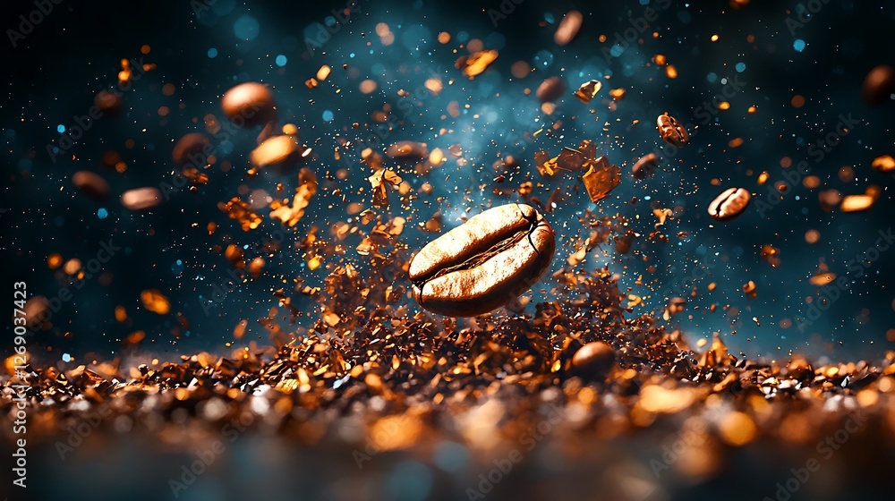 Exploding Coffee Bean, Ground Coffee, Dark Background, Food Photography, Advertisement Exploding Coffee Bean, Ground Coffee, Dark Background, Food Photography, Advertisement