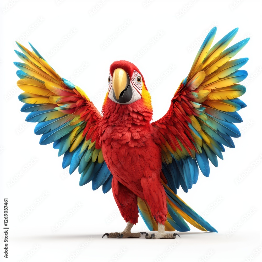 Fototapeta premium Colorful parrot with spread wings and a cheeky expression isolated on white