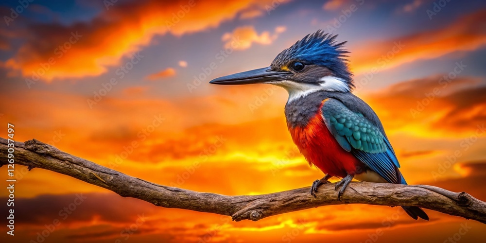 Fototapeta premium Majestic Ringed Kingfisher Silhouette at Sunset - Bird Silhouette Photography