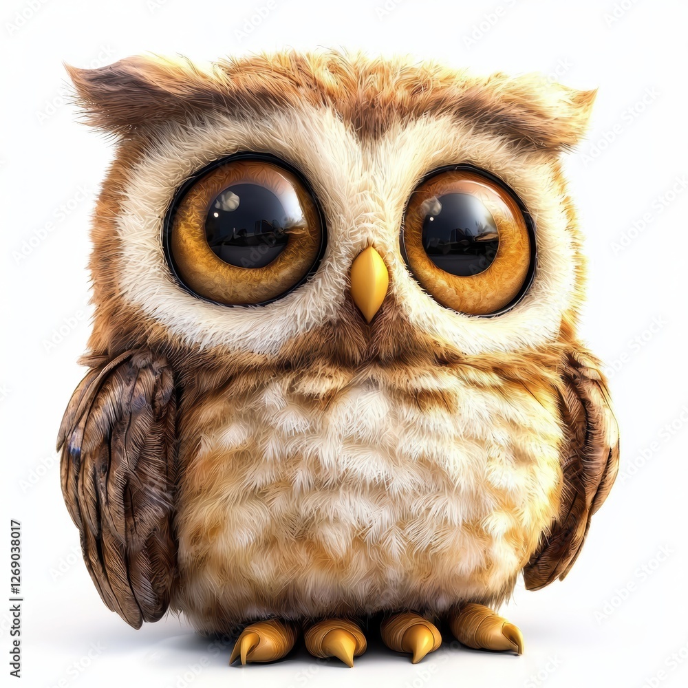 Naklejka premium Cozy plush owl with big sleepy eyes and fluffy wings, isolated on white