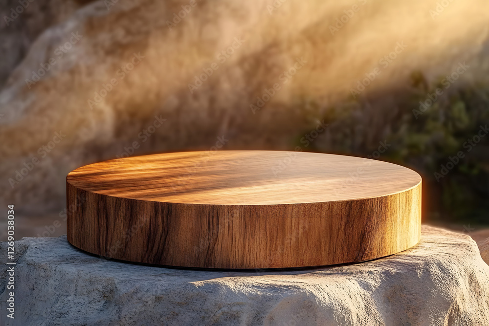 Circular wooden pedestal with soft grain texture on a stone base, surrounded by warm sunlight and earthy tones, perfect for product displays or decor Circular wooden pedestal with soft grain texture on a stone base, surrounded by warm sunlight and earthy tones, perfect for product displays or decor