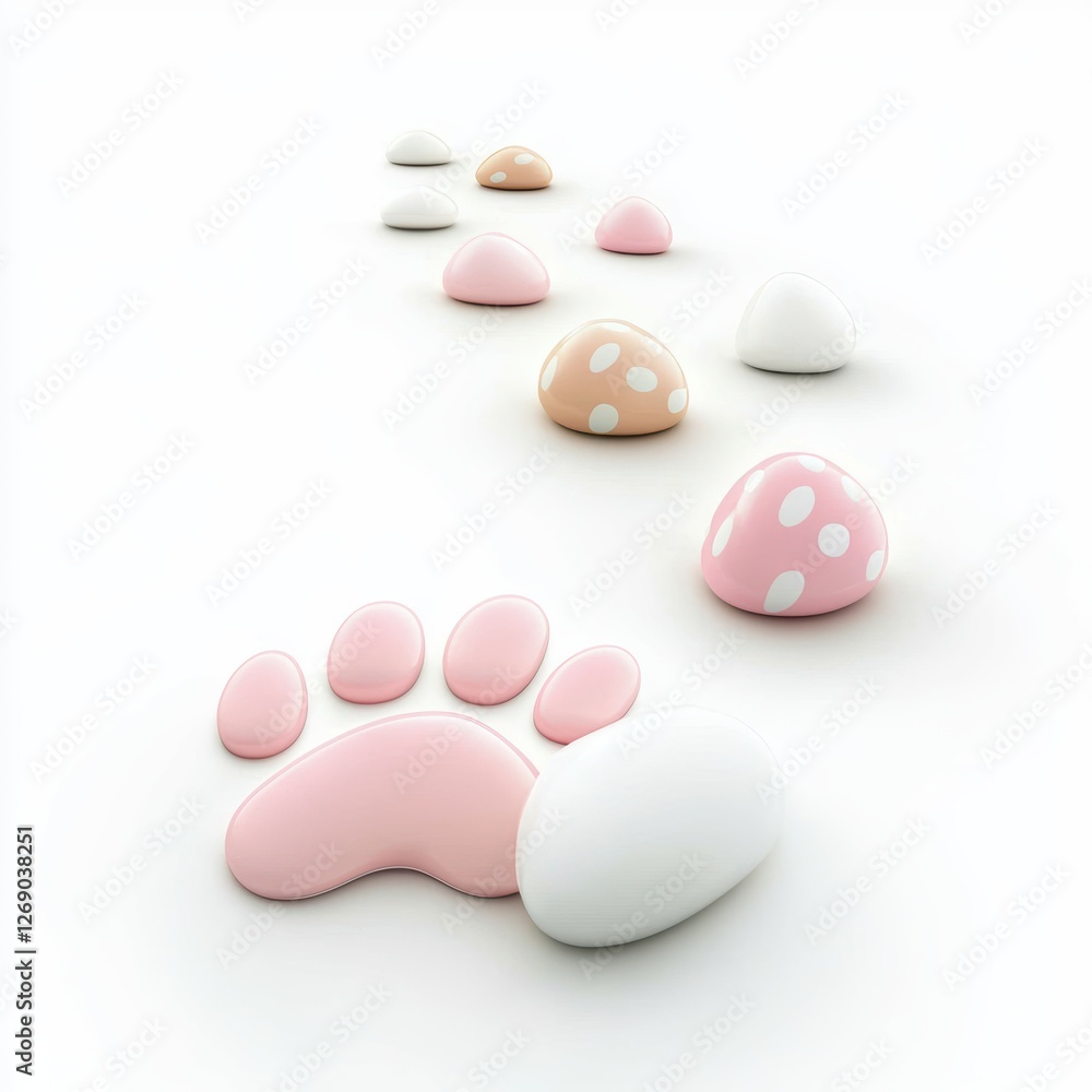 Cute bunny paw prints leading to a hidden Easter surprise, isolated on white Cute bunny paw prints leading to a hidden Easter surprise, isolated on white