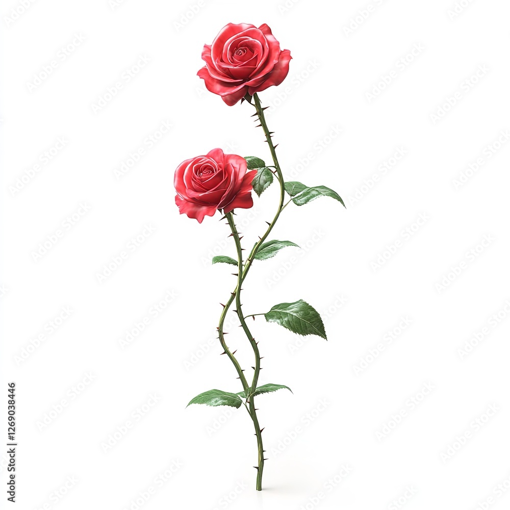Fototapeta premium Pair of Red Roses on a Single Stem with Lush Green Leaves – A Symbol of Love and Unity